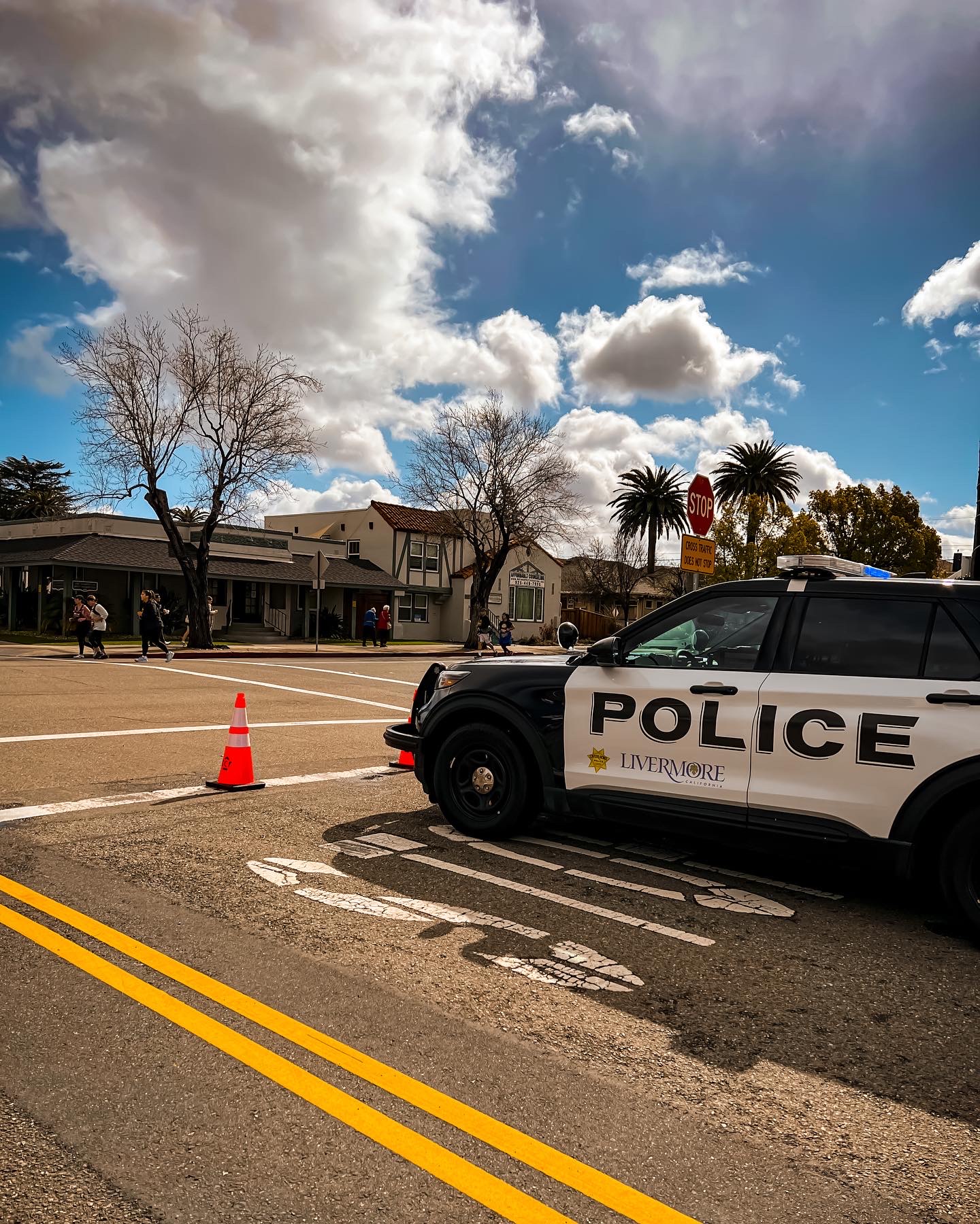 Livermore PD Patrol car with clouds and traffic cone